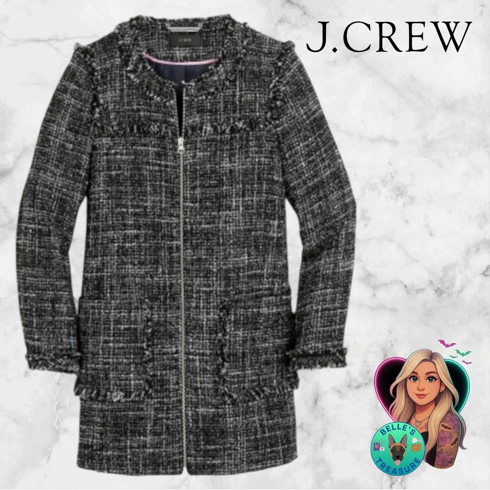 J.Crew‎ Tweed Swing Lady Coat Women's 0 Black White Tweed Fringe Long Topcoat